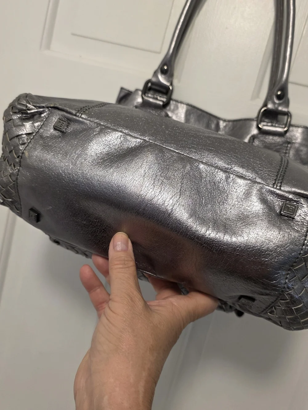Elliott Lucca Silver Metallic Woven Front Leather Shoulder Bag, Stylish, Unique